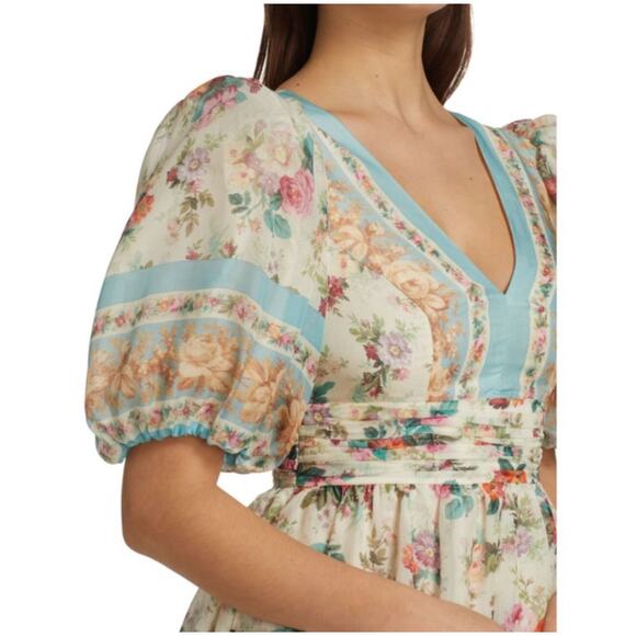 AMUR Silk Floral Puff Sleeve Elise Mini Dress Size 2 Floral Pastel Blue - Picture 3 of 11